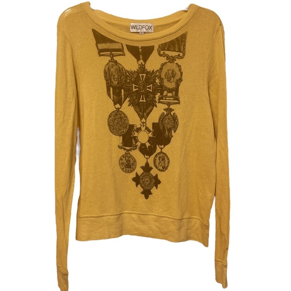 Wildfox Tea‎ Time Medal Print Yellow Knit Pullover Sweater Jumper